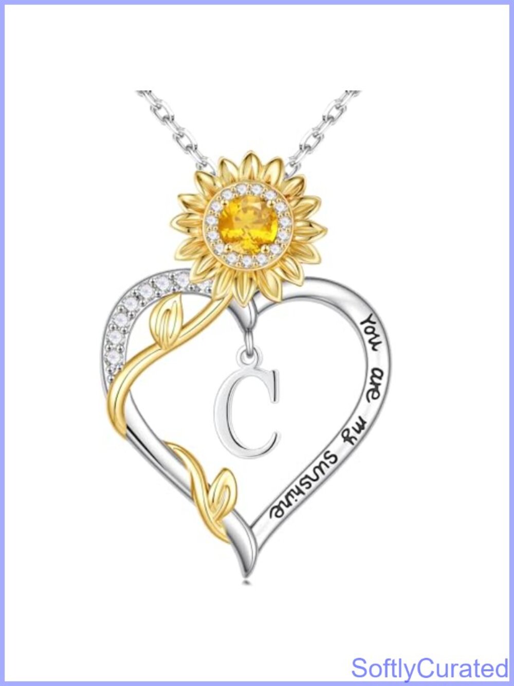 14K White Gold Plated Initial Heart Sunflower Necklace